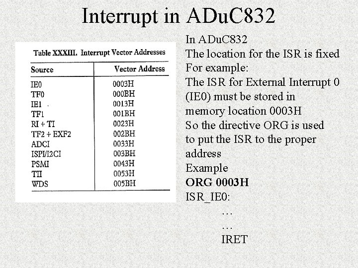 Interrupt in ADu. C 832 In ADu. C 832 The location for the ISR