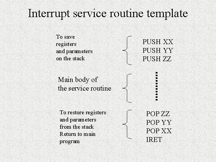 Interrupt service routine template To save registers and parameters on the stack PUSH XX