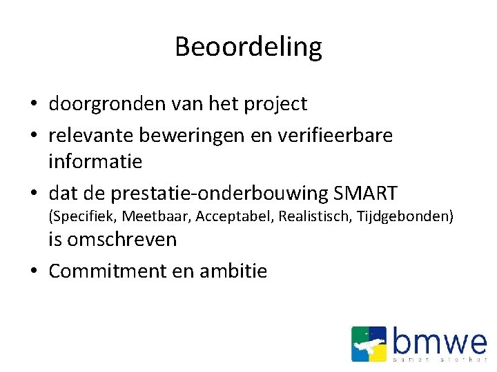 Beoordeling • doorgronden van het project • relevante beweringen en verifieerbare informatie • dat