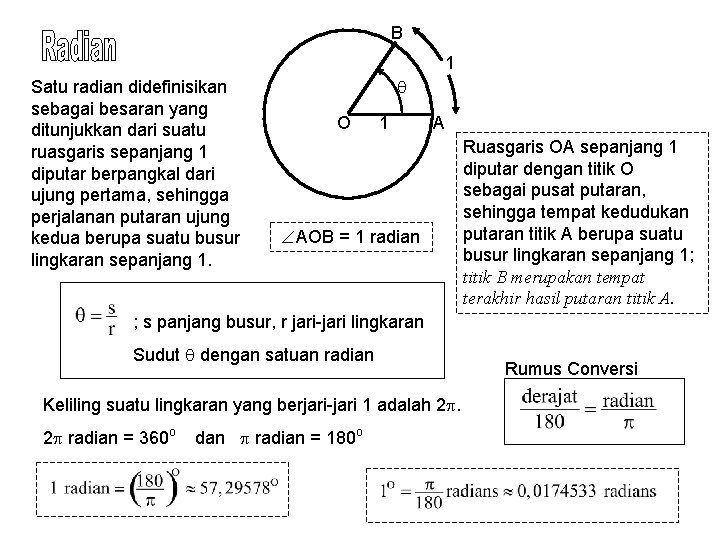 B 1 Satu radian didefinisikan sebagai besaran yang ditunjukkan dari suatu ruasgaris sepanjang 1