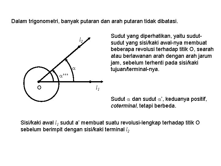 Dalam trigonometri, banyak putaran dan arah putaran tidak dibatasi. Sudut yang diperhatikan, yaitu sudut