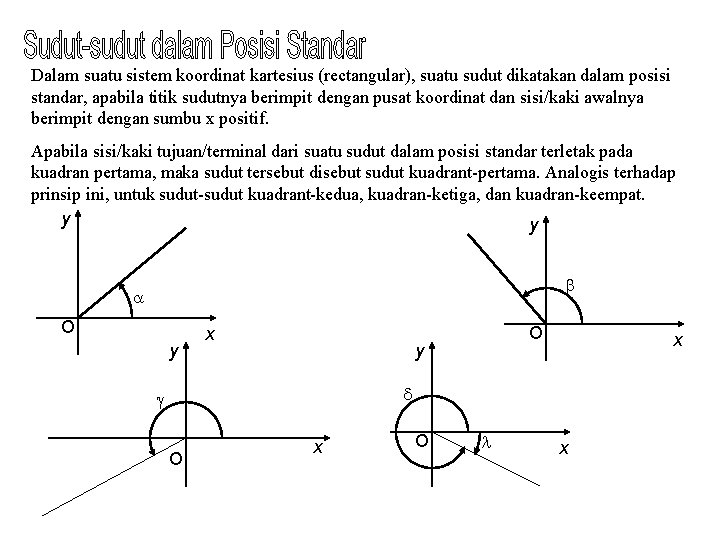 Dalam suatu sistem koordinat kartesius (rectangular), suatu sudut dikatakan dalam posisi standar, apabila titik