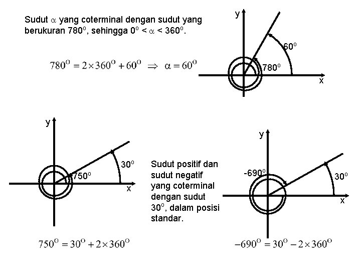 Sudut yang coterminal dengan sudut yang berukuran 780 o, sehingga 0 o < <