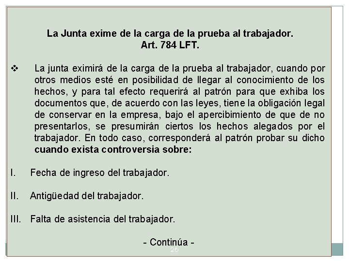 La Junta exime de la carga de la prueba al trabajador. Art. 784 LFT.