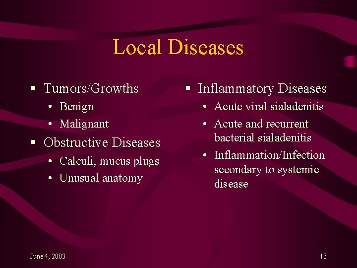 Local Diseases § Tumors/Growths • Benign • Malignant § Obstructive Diseases • Calculi, mucus