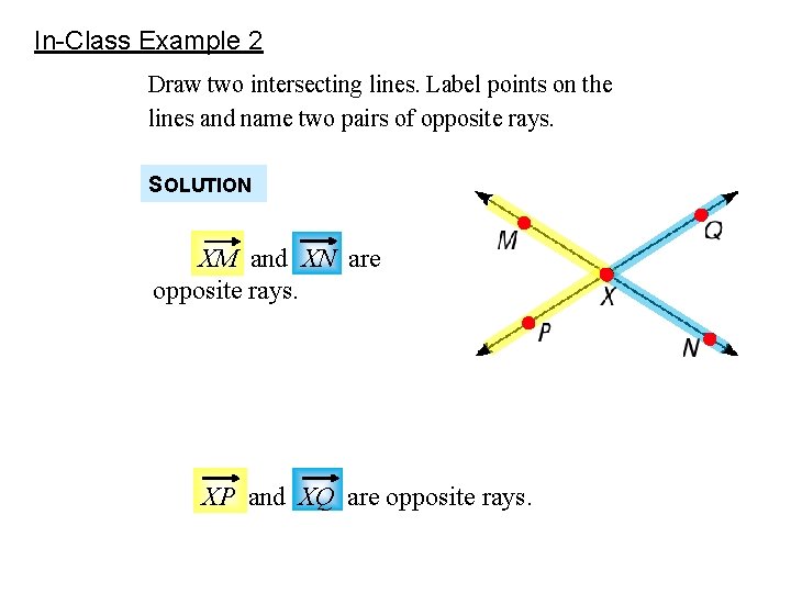 In-Class Example 2 Draw two intersecting lines. Label points on the lines and name