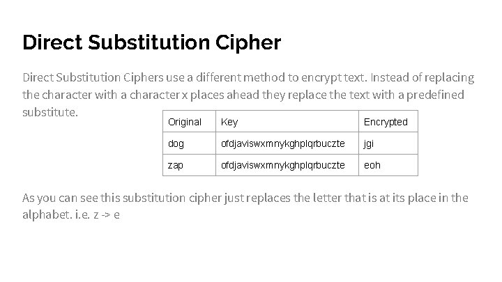 Direct Substitution Ciphers use a different method to encrypt text. Instead of replacing the