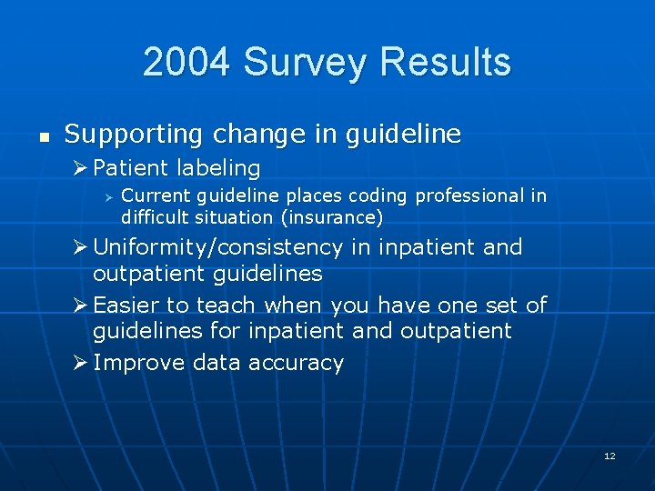 2004 Survey Results n Supporting change in guideline Ø Patient labeling Ø Current guideline