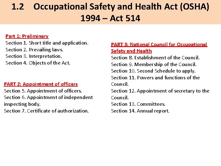 1. 2 Occupational Safety and Health Act (OSHA) 1994 – Act 514 Part 1: