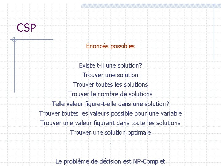 Problmes de Satisfaction de Contraintes CSP Dfinitions exemples