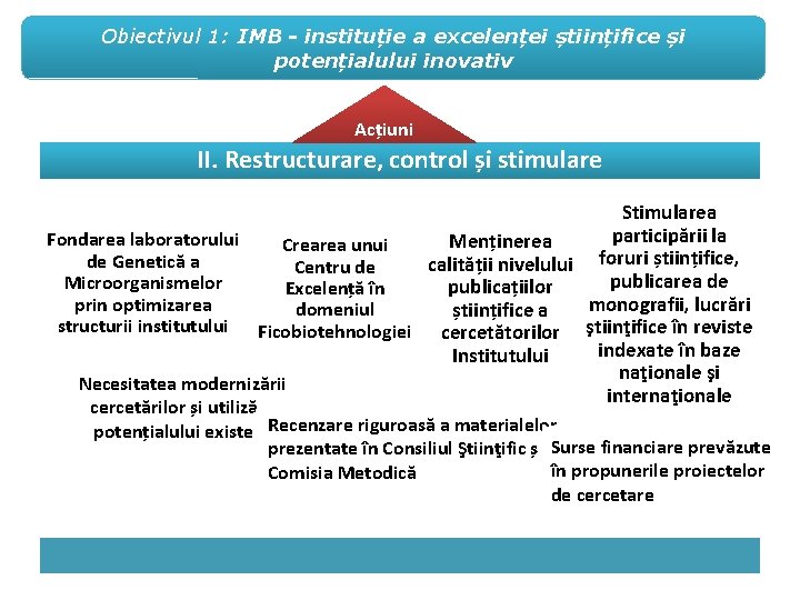Obiectivul 1: IMB - instituție a excelenței științifice și potențialului inovativ Acțiuni II. Restructurare,