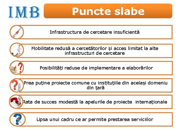 Puncte slabe Infrastructura de cercetare insuficientă Mobilitate redusă a cercetătorilor și acces limitat la