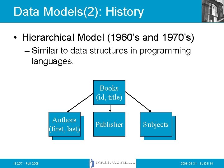 Data Models(2): History • Hierarchical Model (1960’s and 1970’s) – Similar to data structures