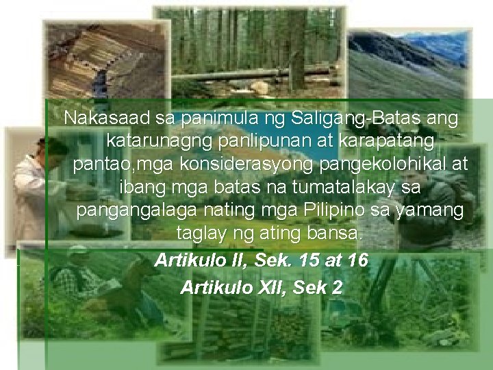 Nakasaad sa panimula ng Saligang-Batas ang katarunagng panlipunan at karapatang pantao, mga konsiderasyong pangekolohikal