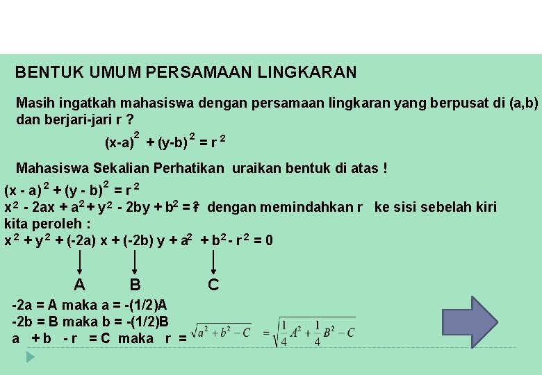 BENTUK UMUM PERSAMAAN LINGKARAN Masih ingatkah mahasiswa dengan persamaan lingkaran yang berpusat di (a,