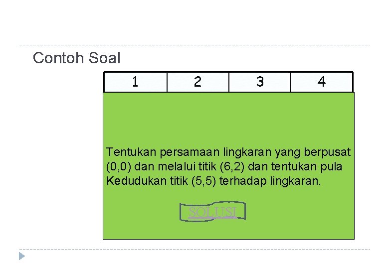 Contoh Soal 1 2 3 4 Tentukan persamaan lingkaran yang berpusat (0, 0) dan