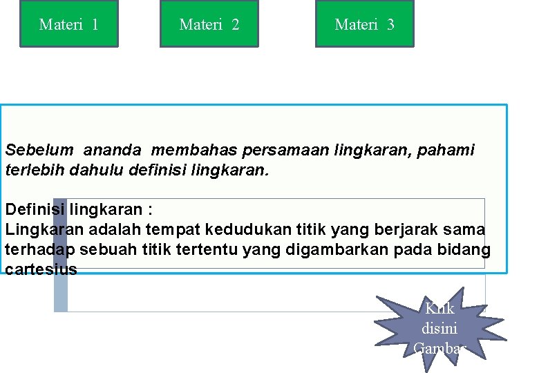 Materi 1 Materi 2 Materi 3 Sebelum ananda membahas persamaan lingkaran, pahami terlebih dahulu