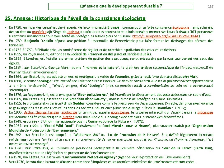 Qu’est-ce que le développement durable ? 137 25. Annexe : Historique de l’éveil de