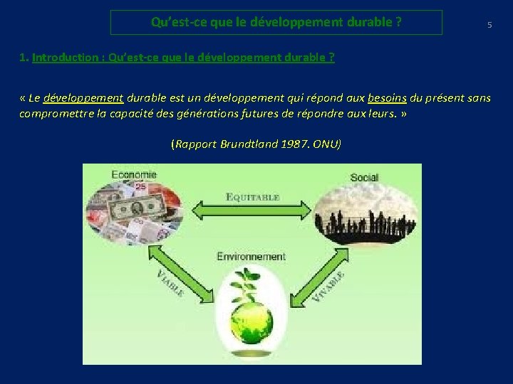 Qu’est-ce que le développement durable ? 5 1. Introduction : Qu’est-ce que le développement