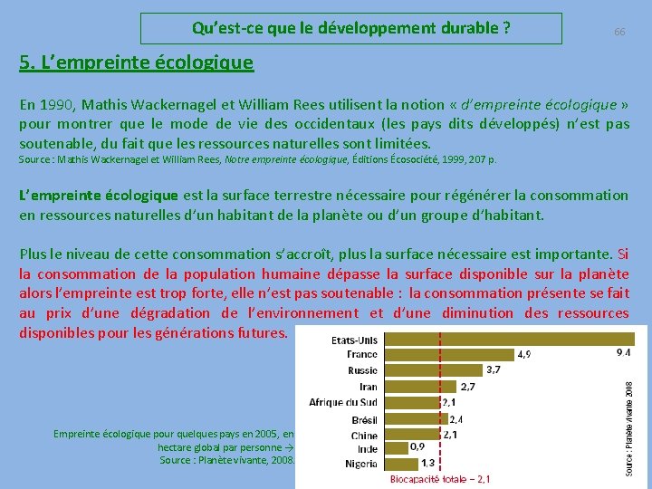 Qu’est-ce que le développement durable ? 66 5. L’empreinte écologique En 1990, Mathis Wackernagel