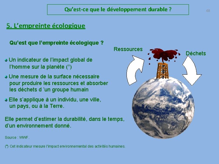 Qu’est-ce que le développement durable ? 68 5. L’empreinte écologique Qu’est que l’empreinte écologique