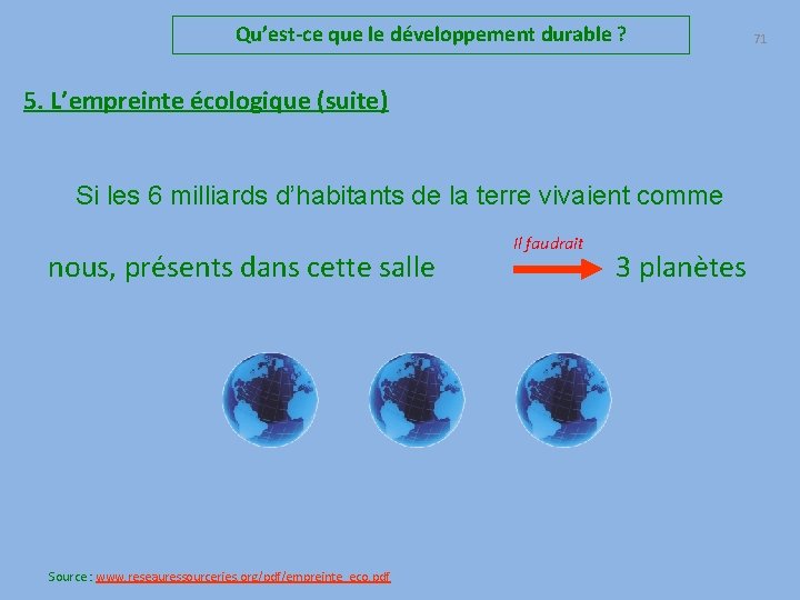 Qu’est-ce que le développement durable ? 5. L’empreinte écologique (suite) Si les 6 milliards