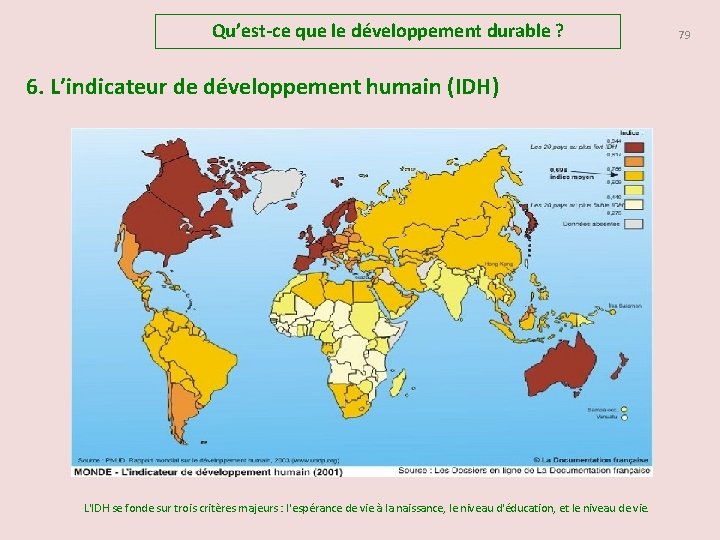 Qu’est-ce que le développement durable ? 6. L’indicateur de développement humain (IDH) L'IDH se