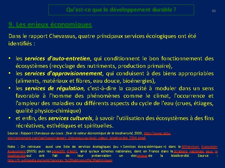 Qu’est-ce que le développement durable ? 86 9. Les enjeux économiques Dans le rapport