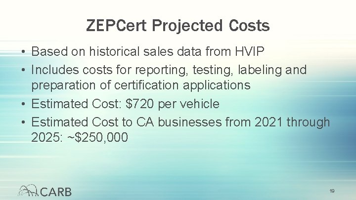 ZEPCert Projected Costs • Based on historical sales data from HVIP • Includes costs