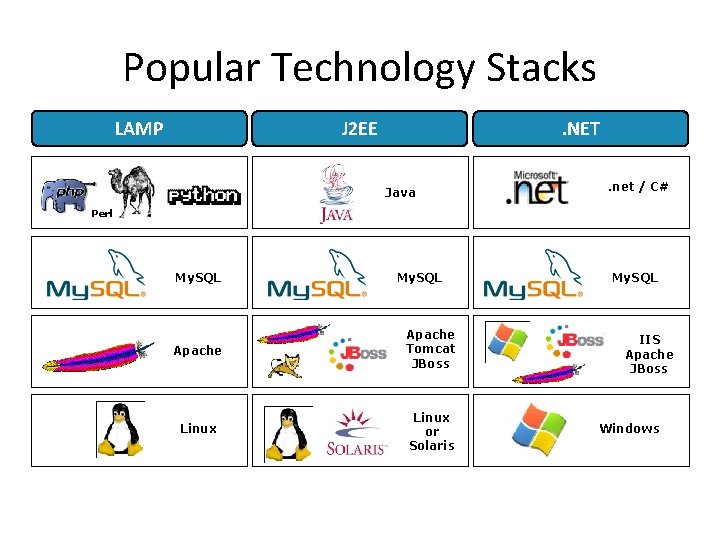 Popular Technology Stacks LAMP J 2 EE . NET Java . net / C#