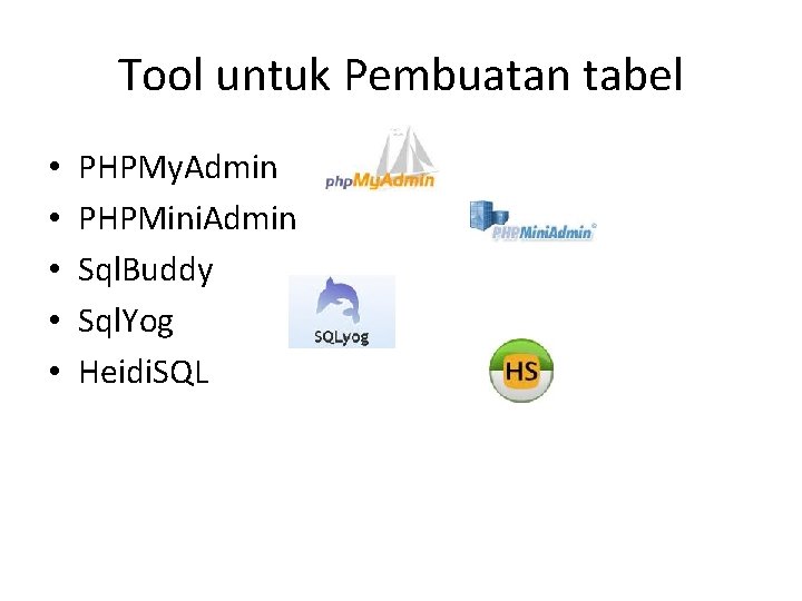 Tool untuk Pembuatan tabel • • • PHPMy. Admin PHPMini. Admin Sql. Buddy Sql.