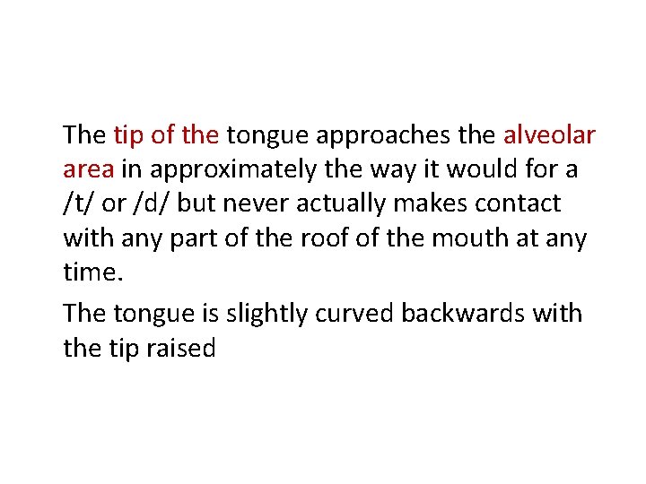 The tip of the tongue approaches the alveolar area in approximately the way it