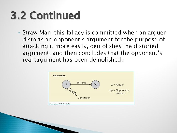 3. 2 Continued ◦ Straw Man: this fallacy is committed when an arguer distorts