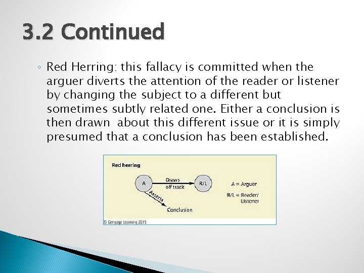 3. 2 Continued ◦ Red Herring: this fallacy is committed when the arguer diverts