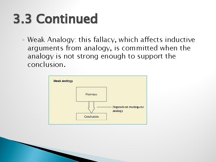 3. 3 Continued ◦ Weak Analogy: this fallacy, which affects inductive arguments from analogy,