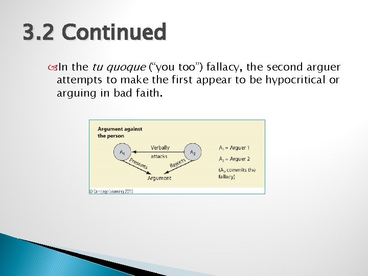 3. 2 Continued In the tu quoque (“you too”) fallacy, the second arguer attempts