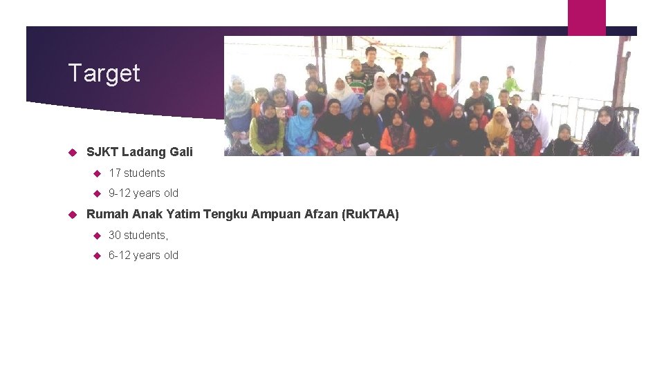 Target SJKT Ladang Gali 17 students 9 -12 years old Rumah Anak Yatim Tengku