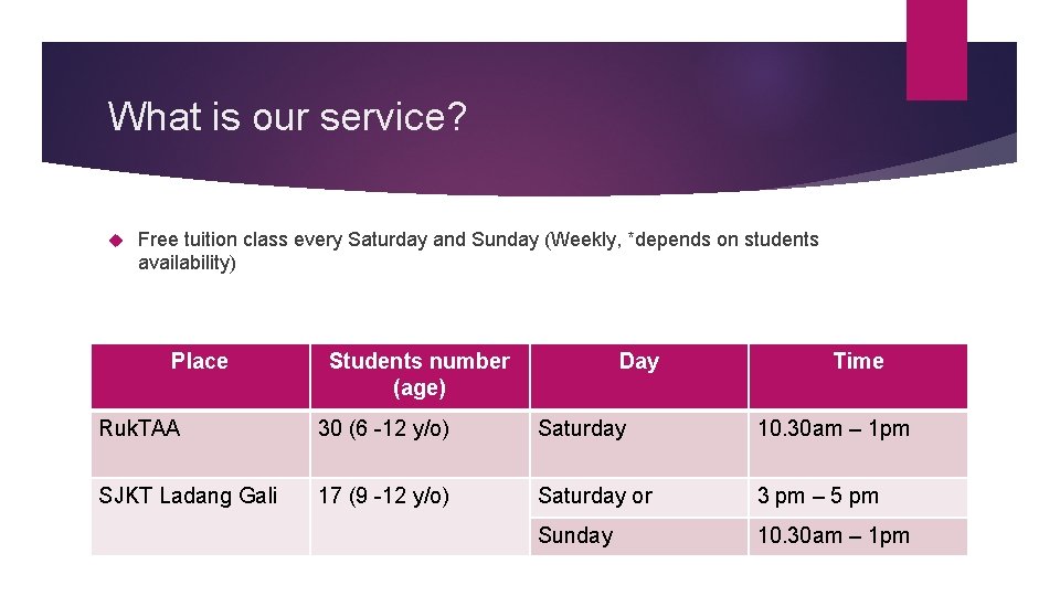 What is our service? Free tuition class every Saturday and Sunday (Weekly, *depends on