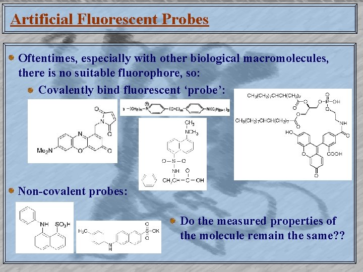 Artificial Fluorescent Probes Oftentimes, especially with other biological macromolecules, there is no suitable fluorophore,