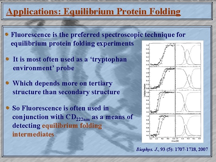 Applications: Equilibrium Protein Folding Fluorescence is the preferred spectroscopic technique for equilibrium protein folding