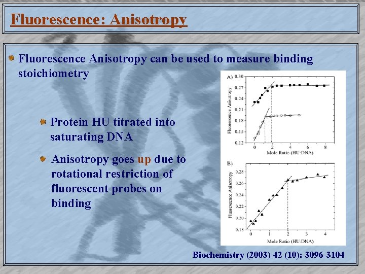 Fluorescence: Anisotropy Fluorescence Anisotropy can be used to measure binding stoichiometry Protein HU titrated