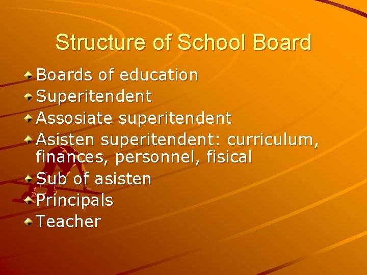 Structure of School Boards of education Superitendent Assosiate superitendent Asisten superitendent: curriculum, finances, personnel,