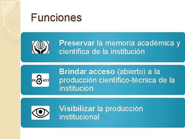 Funciones Preservar la memoria académica y científica de la institución Brindar acceso (abierto) a