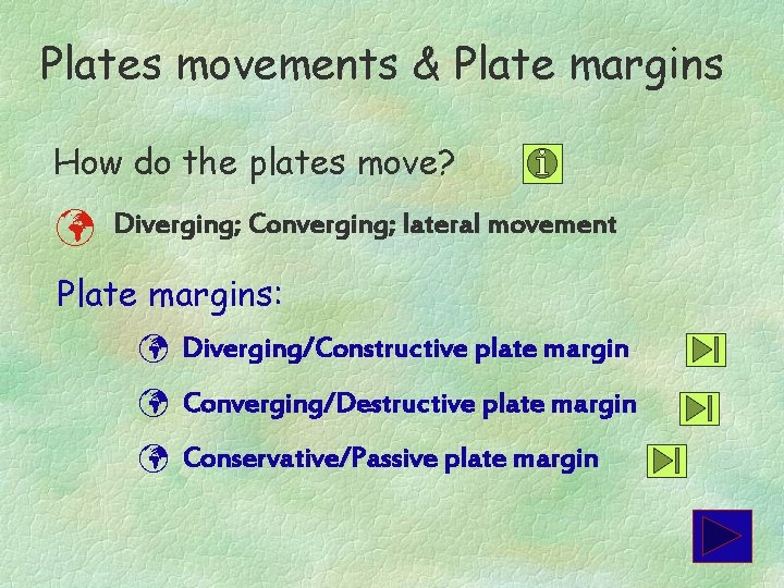 Plates movements & Plate margins How do the plates move? Diverging; Converging; lateral movement