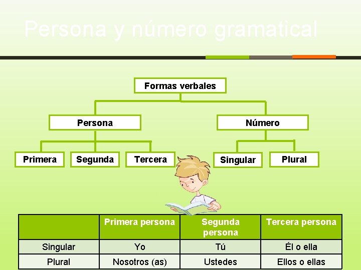 Persona y número gramatical Formas verbales Persona Primera Segunda Número Tercera Singular Plural Primera