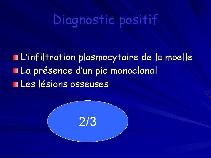 Diagnostic positif L’infiltration plasmocytaire de la moelle La présence d’un pic monoclonal Les lésions