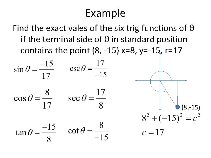 Example Find the exact vales of the six trig functions of θ if the