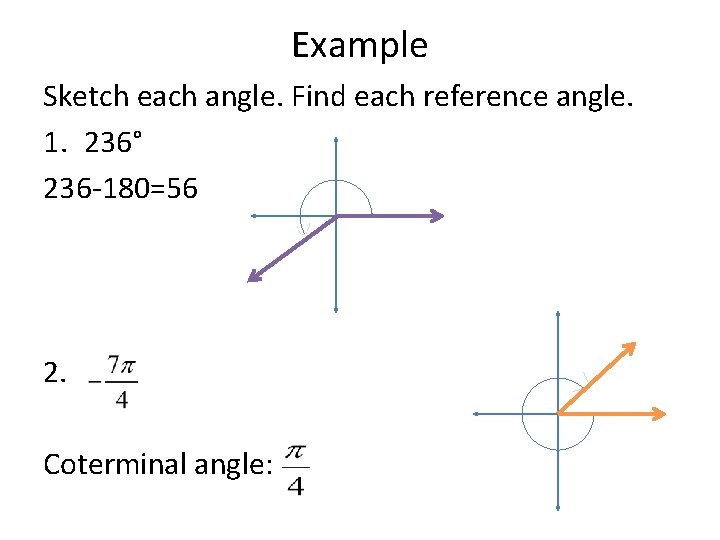 Example Sketch each angle. Find each reference angle. 1. 236° 236 -180=56 2. Coterminal