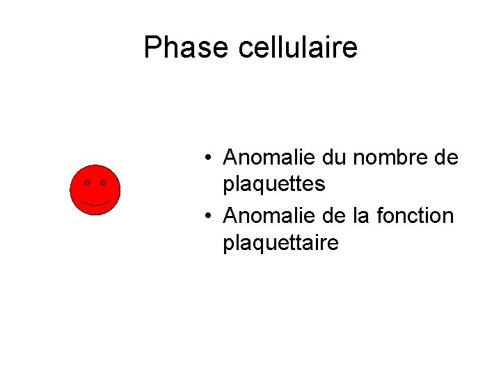 Phase cellulaire • Anomalie du nombre de plaquettes • Anomalie de la fonction plaquettaire
