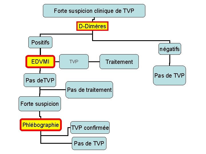Forte suspicion clinique de TVP D-Dimères Positifs négatifs EDVMI TVP Traitement Pas de TVP